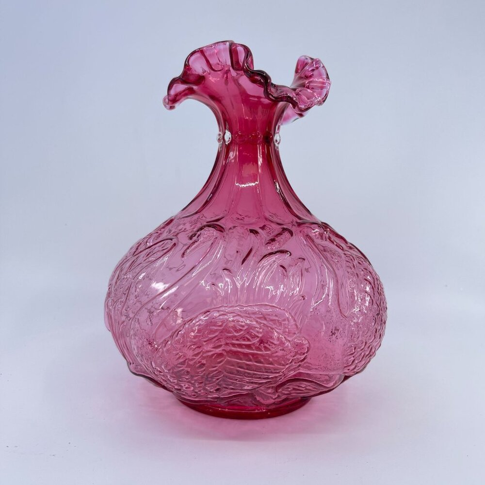vintage fenton cranberry swans and cattails hand blown vase ruffle top